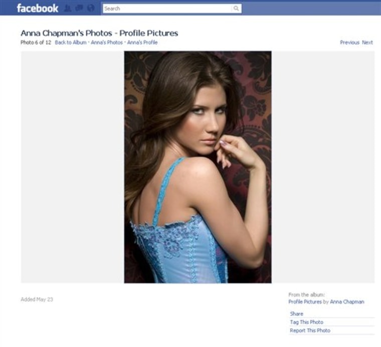 This undated image taken from a Facebook page shows a woman journalists have identified as Anna Chapman, who appeared at a hearing Monday, June 28, 2010 in New York federal court. Chapman, along with 10 others, was arrested on charges of conspiracy to act as an agent of a foreign government without notifying the U.S. attorney general. (AP Photo)